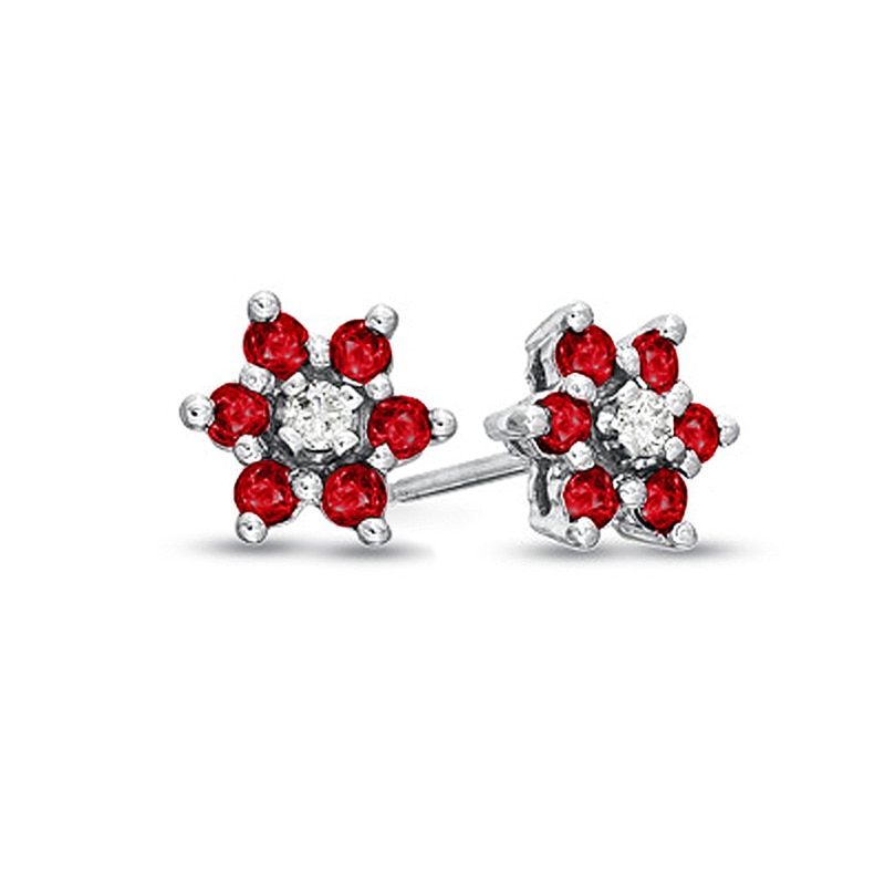 Ruby and Diamond Accent Flower Cluster Stud Earrings in 14K White Gold