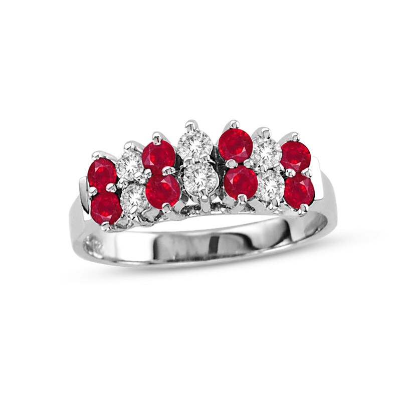 Main Image 1 of Ruby and 1/3 CT. T.W. Diamond Double Row Band in 14K White Gold