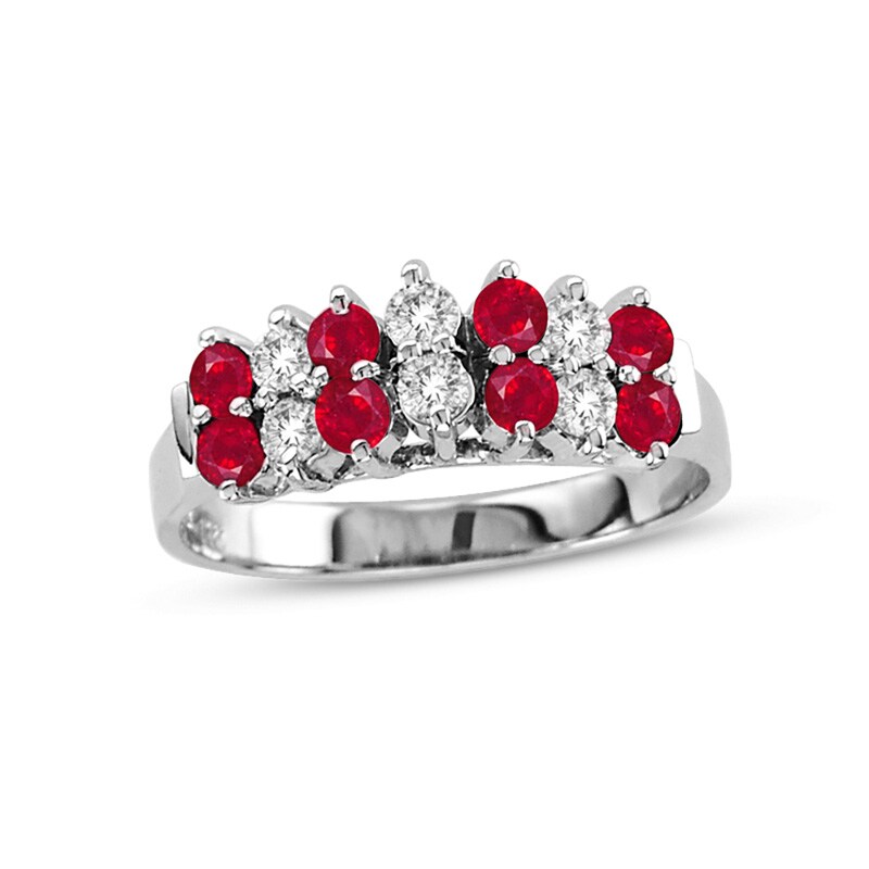 Ruby and 1/3 CT. T.W. Diamond Double Row Band in 14K White Gold