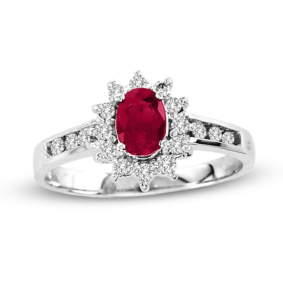 Oval Ruby and 1/4 CT. T.w. Diamond Sunburst Frame Ring in 14K White Gold