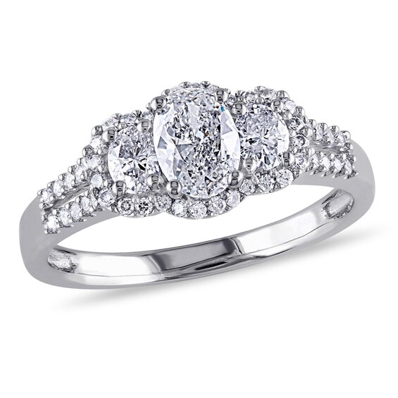 1 CT. T.W. Oval Diamond Frame Three Stone Double Row Engagement Ring in 14K White Gold 1 CT. T.W. Oval Diamond Frame Three Stone Double Row Engagement Ring in 14K White Gold
