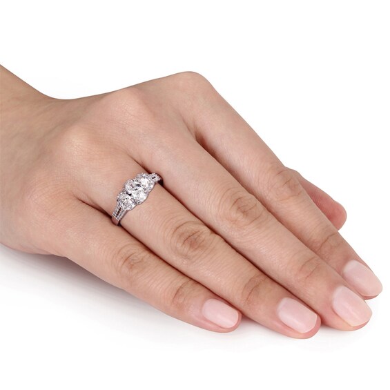 1 CT. T.W. Oval Diamond Frame Three Stone Double Row Engagement Ring in 14K White Gold 1 CT. T.W. Oval Diamond Frame Three Stone Double Row Engagement Ring in 14K White Gold