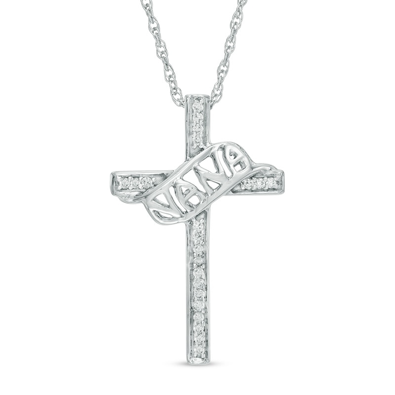 Main Image 1 of 1/15 CT. T.W. Diamond "NANA" Cross Pendant in Sterling Silver