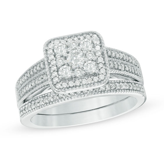 1/2 CT. T.W. Composite Diamond Square Frame Hidden Flower Bridal Set in 10K White Gold