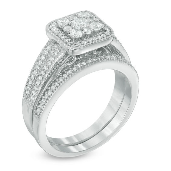 1/2 CT. T.W. Composite Diamond Square Frame Hidden Flower Bridal Set in 10K White Gold