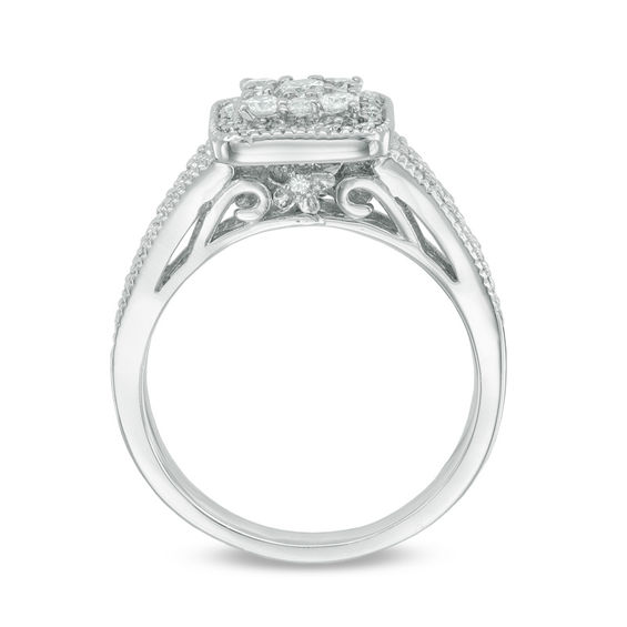 1/2 CT. T.W. Composite Diamond Square Frame Hidden Flower Bridal Set in 10K White Gold
