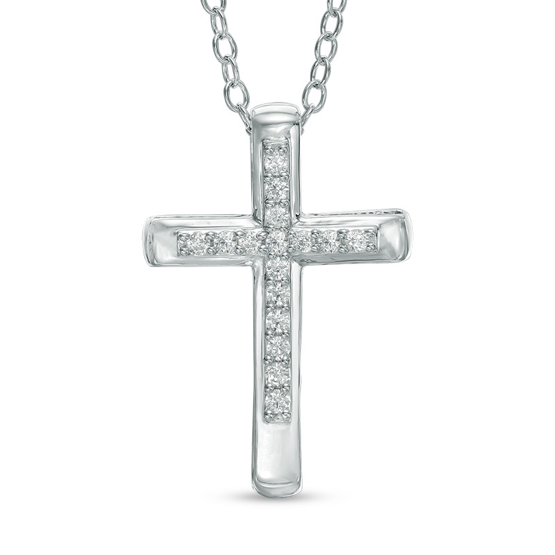 Main Image 1 of 1/8 CT. T.W. Diamond Bold Cross Pendant in 10K White Gold
