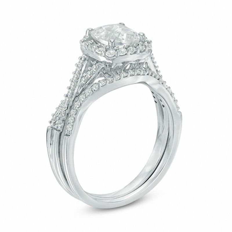 6.0mm Cushion-Cut Lab-Created White Sapphire Frame Bridal Set in Sterling Silver