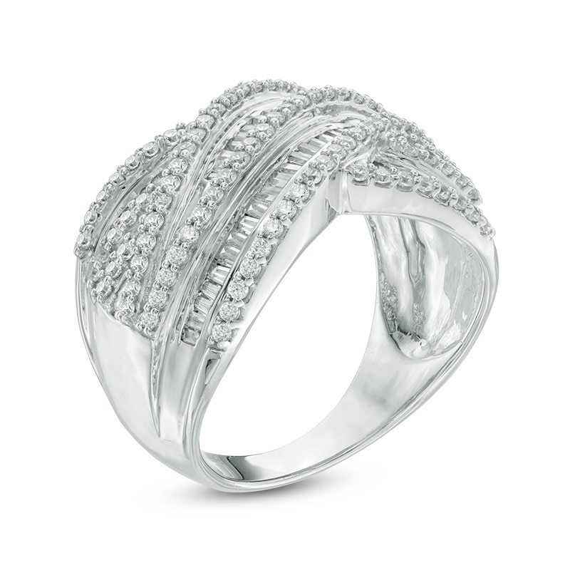 Main Image 2 of 1 CT. T.W. Baguette Diamond Layered Criss-Cross Ring in 10K White Gold