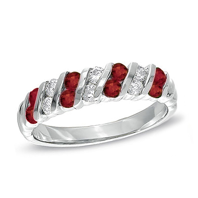 Ruby and 1/4 CT. T.W. Diamond Double Row Slant Ring in Platinum