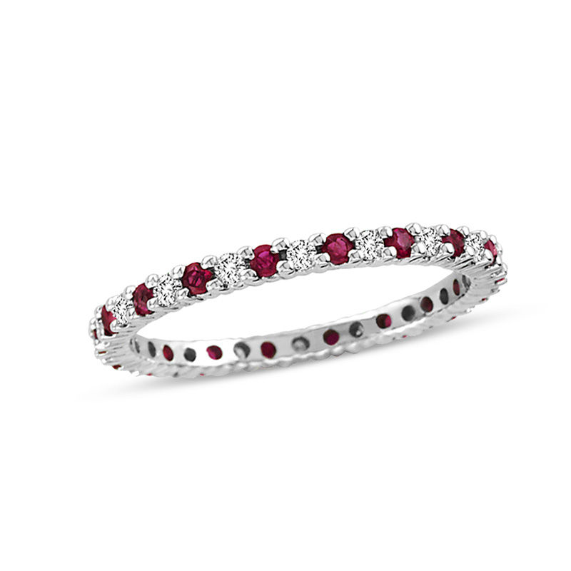 Channel Set Round Diamond Women Wedding Band With Ruby In 950 Platinum