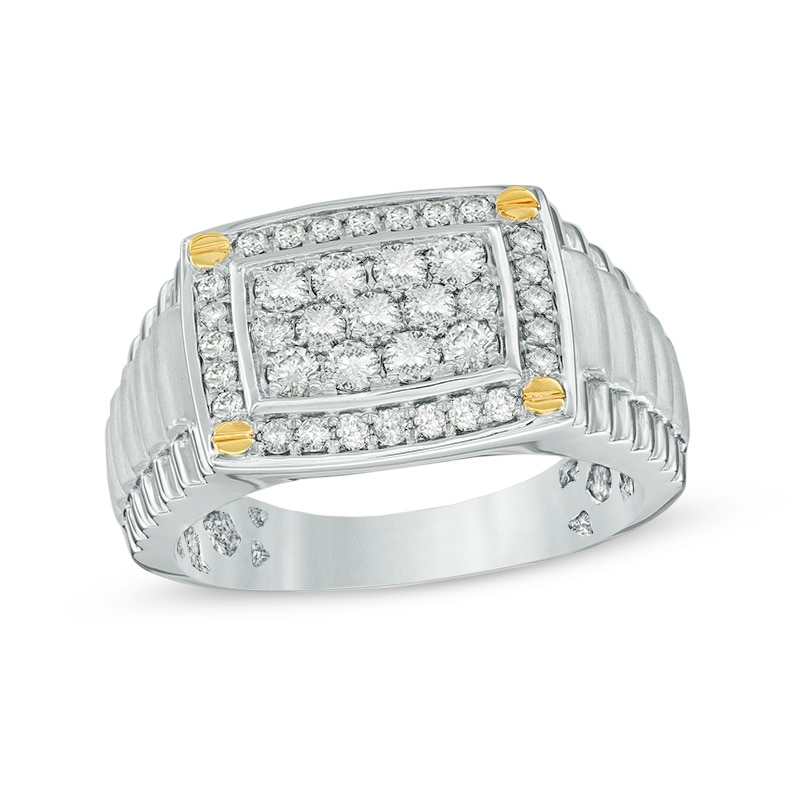 Main Image 1 of Men's 1 CT. T.W. Diamond Rectangular Signet Ring in 10K Two-Tone Gold