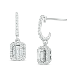 1/2 CT. T.W. Round and Baguette-Cut Multi-Diamond Rectangular Frame Curved Drop Earrings in 14K White Gold