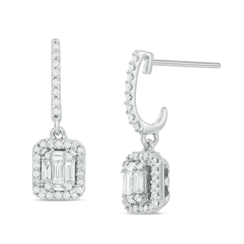 Main Image 1 of 1/2 CT. T.W. Round and Baguette-Cut Multi-Diamond Rectangular Frame Curved Drop Earrings in 14K White Gold