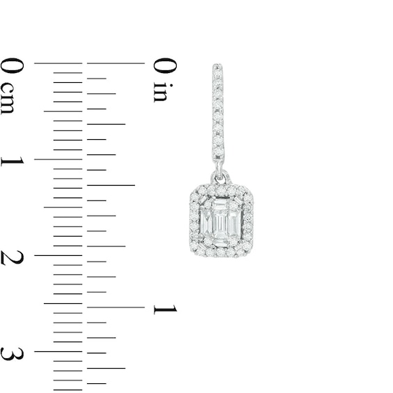 1/2 CT. T.w. Round and Baguette-Cut Multi-Diamond Rectangular Frame Curved Drop Earrings in 14K White Gold