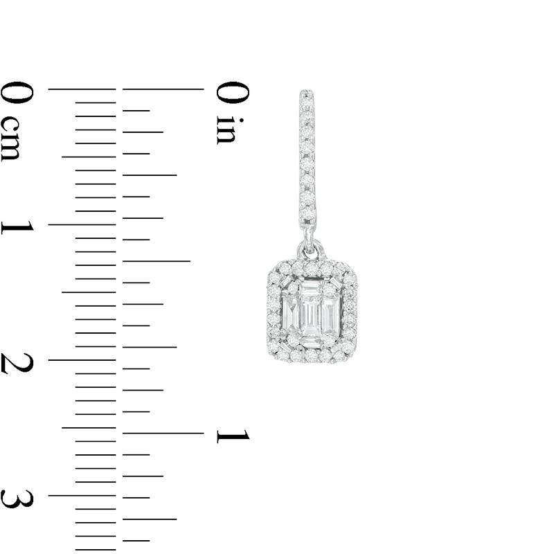 Main Image 2 of 1/2 CT. T.W. Round and Baguette-Cut Multi-Diamond Rectangular Frame Curved Drop Earrings in 14K White Gold