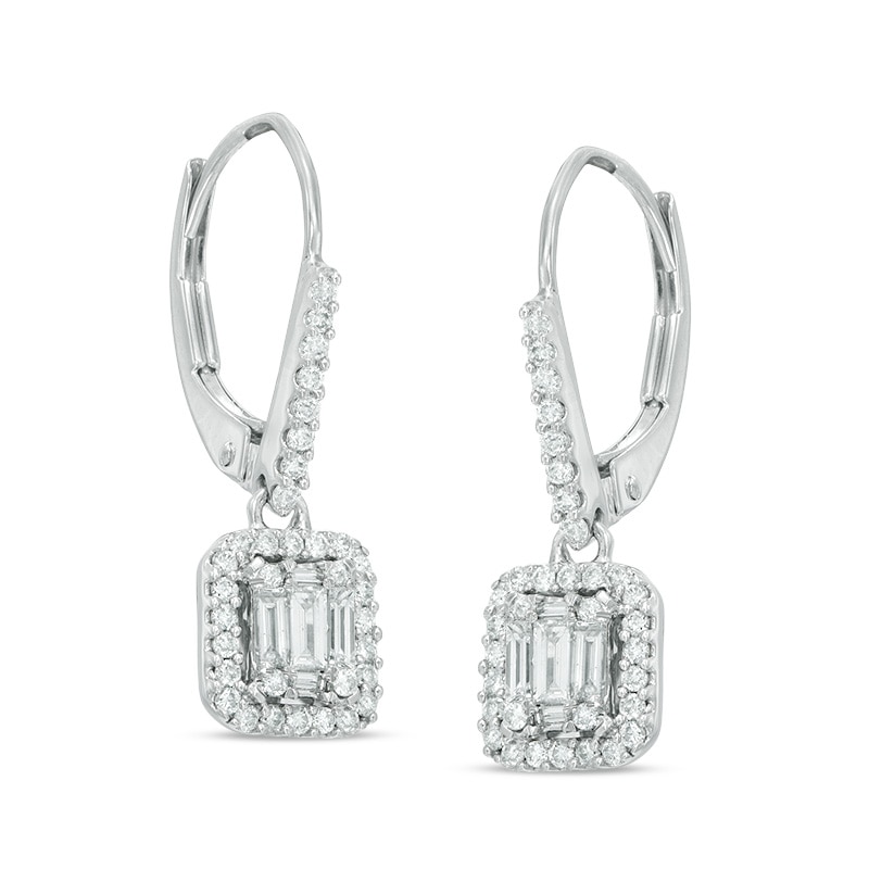 1/2 CT. T.W. Round and Baguette-Cut Multi-Diamond Rectangular Frame Drop Earrings in 14K White Gold