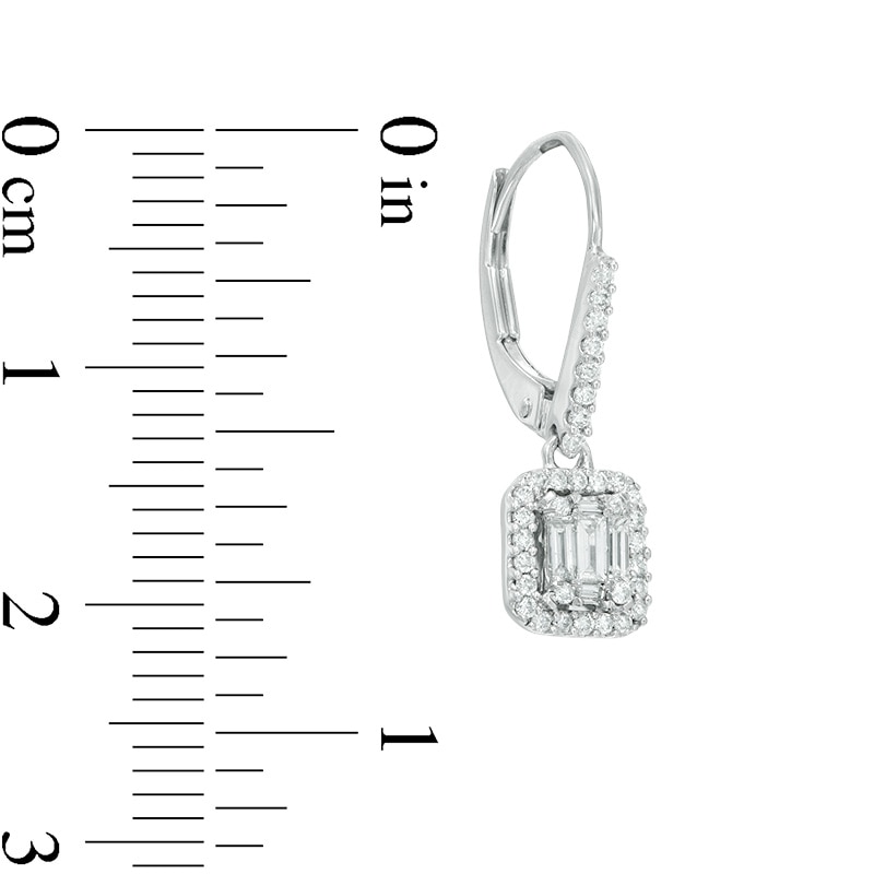 1/2 CT. T.W. Round and Baguette-Cut Multi-Diamond Rectangular Frame Drop Earrings in 14K White Gold