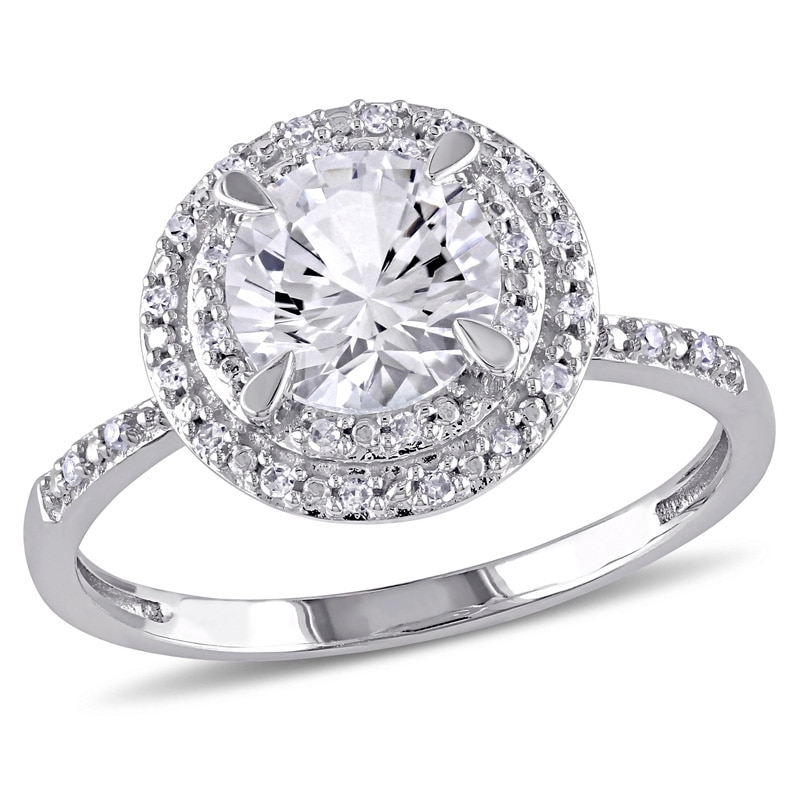 Main Image 1 of 7.0mm Lab-Created White Sapphire and 1/10 CT. T.W. Diamond Double Frame Ring in 10K White Gold
