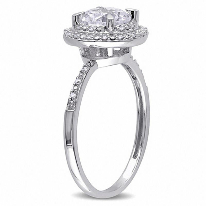 Main Image 2 of 7.0mm Lab-Created White Sapphire and 1/10 CT. T.W. Diamond Double Frame Ring in 10K White Gold