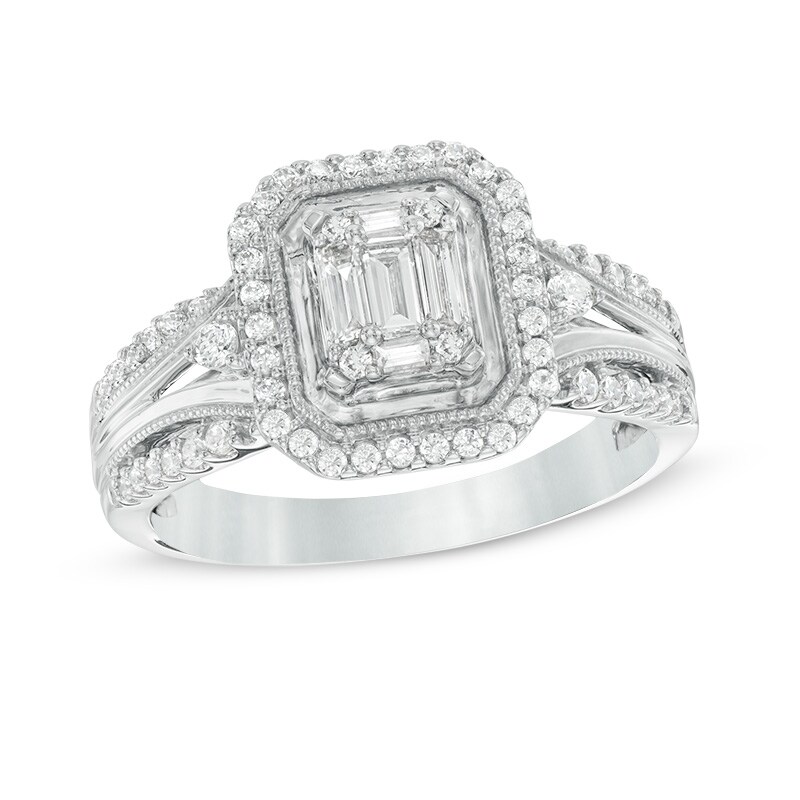 1/2 CT. T.W. Composite Diamond Octagonal Frame Vintage-Style Ring in 14K White Gold
