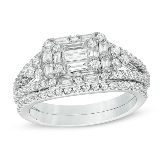 1 CT. T.w. Composite Diamond Rectangular Frame with Tri-Sides Bridal Set in 14K White Gold