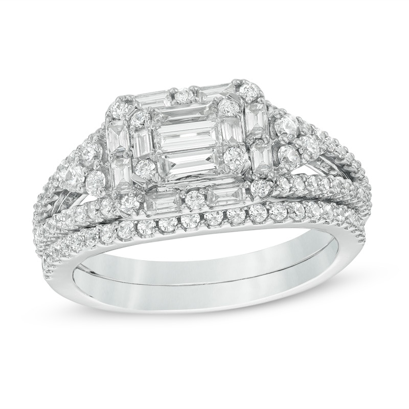 1 CT. T.W. Composite Diamond Rectangular Frame with Tri-Sides Bridal Set in 14K White Gold