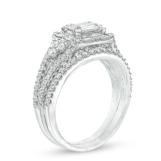 1 CT. T.w. Composite Diamond Rectangular Frame with Tri-Sides Bridal Set in 14K White Gold