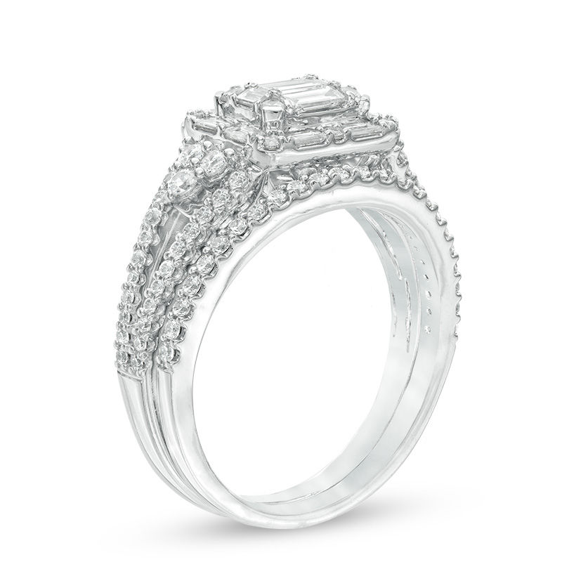 Main Image 2 of 1 CT. T.W. Composite Diamond Rectangular Frame with Tri-Sides Bridal Set in 14K White Gold