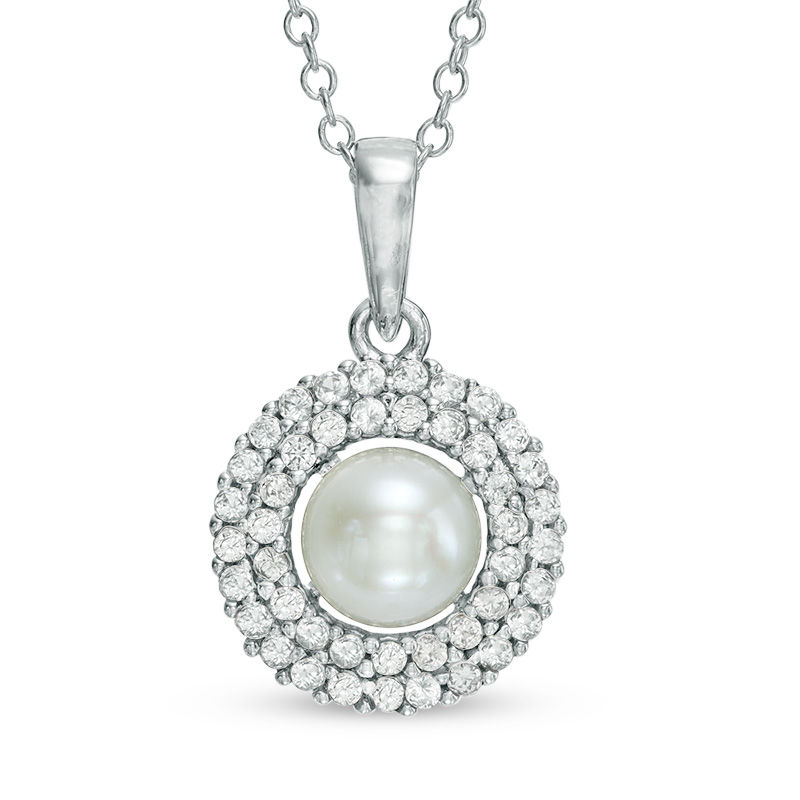 Main Image 1 of 6.0 - 6.5mm Cultured Freshwater Pearl and Lab-Created White Sapphire Frame Pendant in Sterling Silver