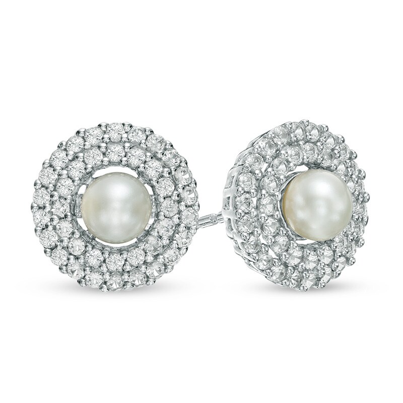 Main Image 1 of 4.5-5.0mm Freshwater Cultured Pearl and Lab-Created White Sapphire Frame Stud Earrings in Sterling Silver