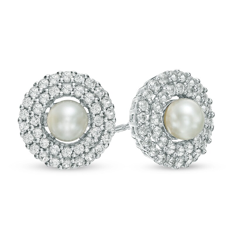 4.5 - 5.0mm Cultured Freshwater Pearl and Lab-Created White Sapphire Frame Stud Earrings in Sterling Silver