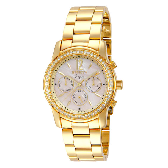 Ladies' Invicta Angel Cubic Zirconia Gold-Tone Watch with Mother-of-Pearl Dial (Model: 11772)