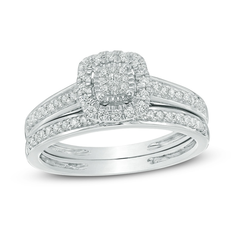 Main Image 1 of 1/4 CT. T.W. Multi-Diamond Cushion Frame Bridal Set in 10K White Gold