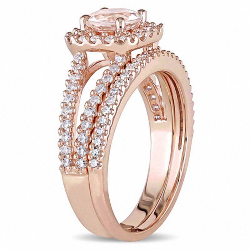 6.0mm Morganite and 5/8 CT. T.W. Diamond Square Frame Split Shank Bridal Set in 14K Rose Gold