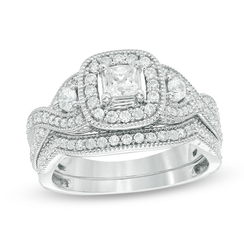 Main Image 1 of 1 CT. T.W. Princess-Cut Diamond Frame Vintage-Style Bridal Set in 14K White Gold