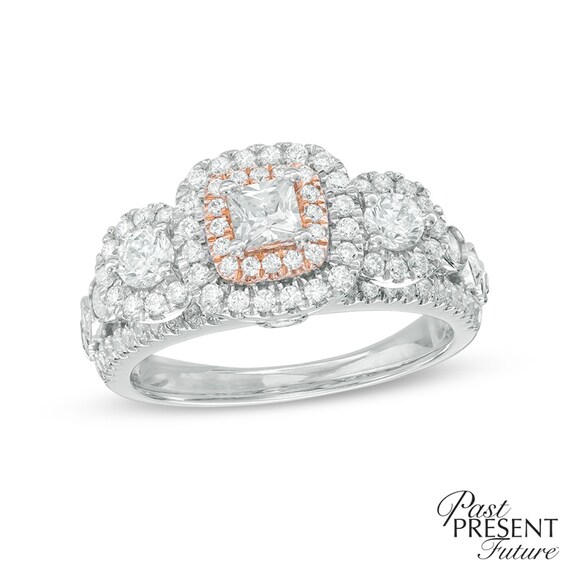 1-1/5 CT. T.w. Diamond Double Cushion Frame Past Present Future® Engagement Ring in 14K Two-Tone Gold