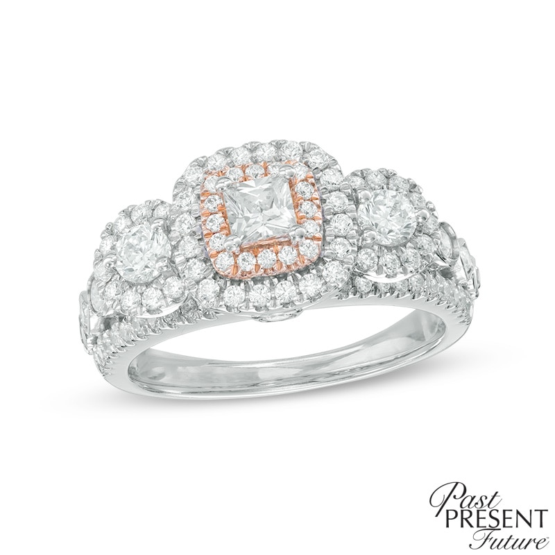 Main Image 1 of 1-1/5 CT. T.W. Diamond Double Cushion Frame Past Present Future® Engagement Ring in 14K Two-Tone Gold