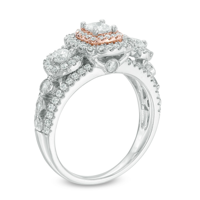 Main Image 2 of 1-1/5 CT. T.W. Diamond Double Cushion Frame Past Present Future® Engagement Ring in 14K Two-Tone Gold