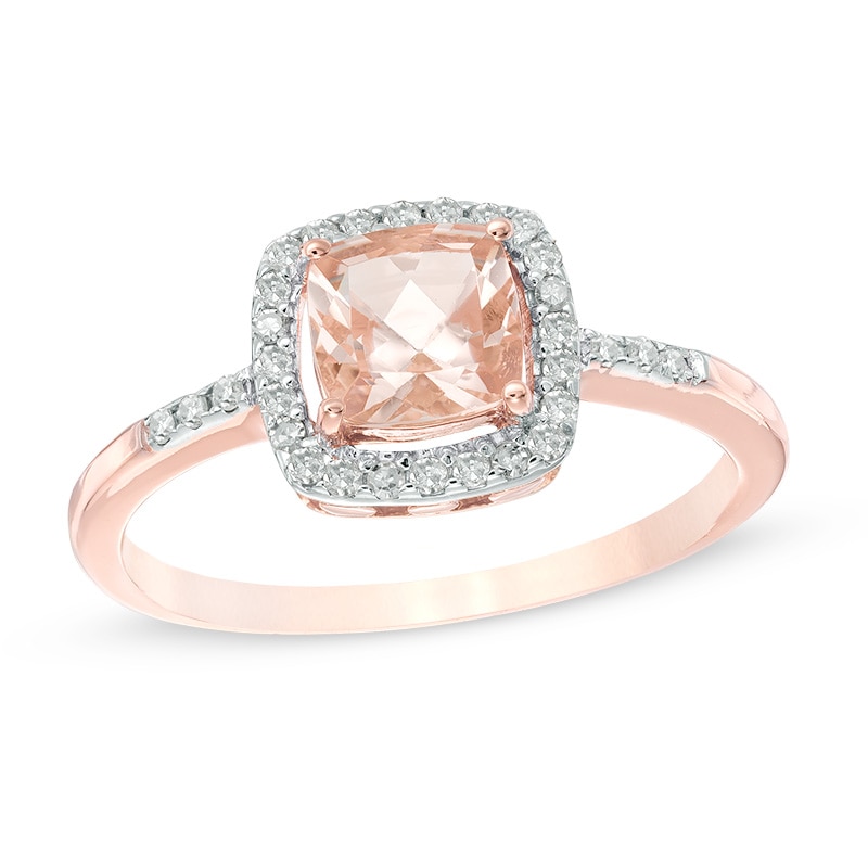 Main Image 1 of 6.0mm Cushion-Cut Morganite and 1/6 CT. T.W. Diamond Frame Ring in 10K Rose Gold