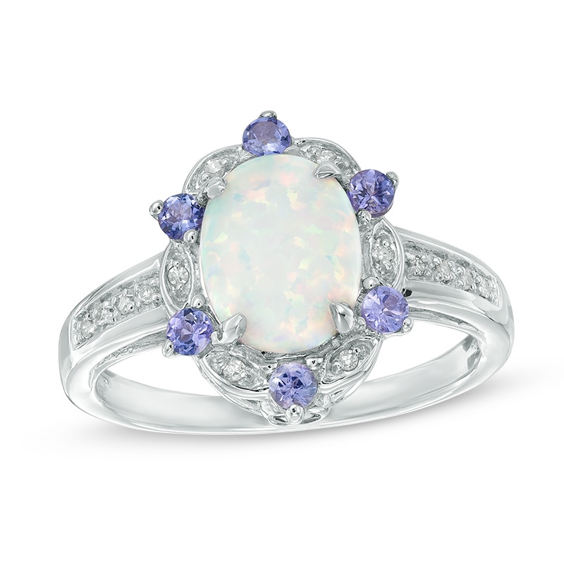 Main Image 1 of Oval Lab-Created Opal, Tanzanite and Diamond Accent Frame Ring in Sterling Silver
