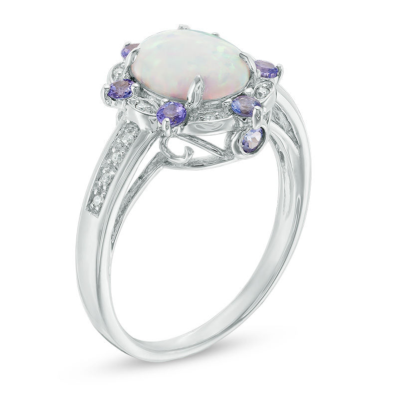 Main Image 2 of Oval Lab-Created Opal, Tanzanite and Diamond Accent Frame Ring in Sterling Silver