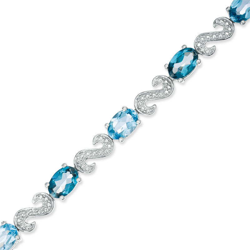 Main Image 1 of Oval London and Swiss Blue Topaz with Diamond Accent "S" Bracelet in Sterling Silver - 7.25"