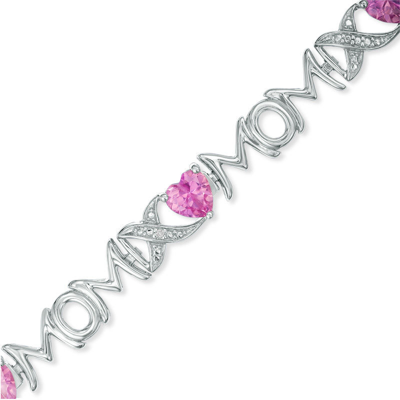 Main Image 1 of 5.0mm Heart-Shaped Lab-Created Pink Sapphire and Diamond Accent "MOM" Bracelet in Sterling Silver - 7.25"