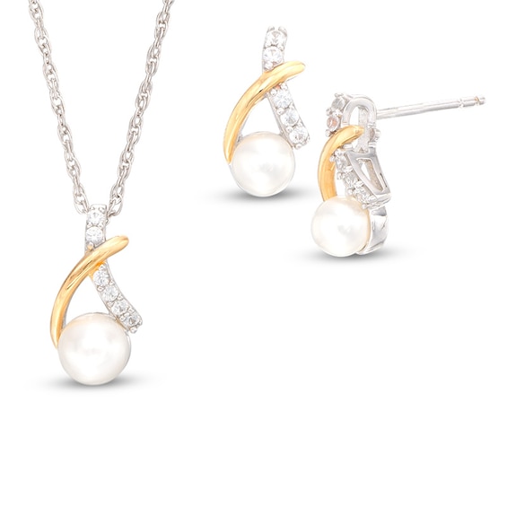 Freshwater Cultured Pearl and Lab-Created White Sapphire Pendant and Earrings Set in Sterling Silver with 14K Gold Plate
