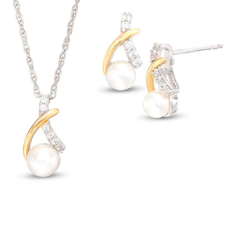 Freshwater Cultured Pearl and Lab Created White Sapphire Pendant and Earrings Set in Sterling Silver with 14K Gold Plate Zales