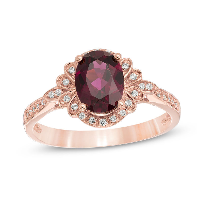 Main Image 1 of Oval Rhodolite Garnet and 1/10 CT. T.W. Diamond Petal Frame Ring in 10K Rose Gold