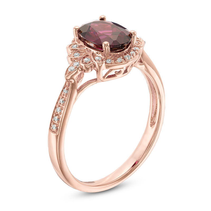 Main Image 2 of Oval Rhodolite Garnet and 1/10 CT. T.W. Diamond Petal Frame Ring in 10K Rose Gold
