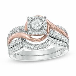 1/2 CT. T.W. Diamond Square Frame Swirl Bridal Set in 10K Two-Tone Gold