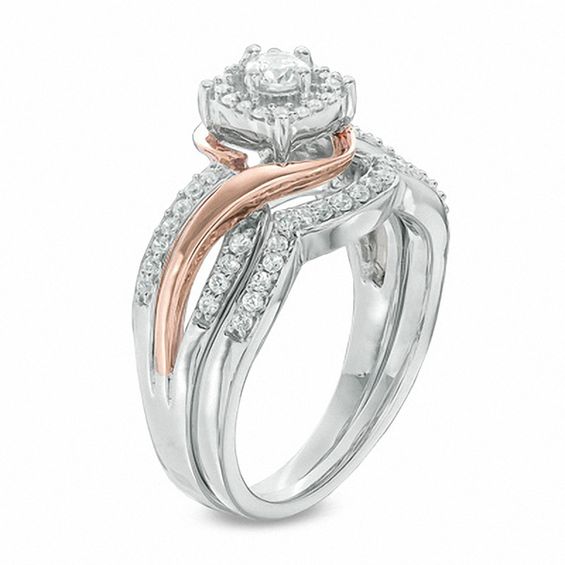 1/2 CT. T.w. Diamond Square Frame Swirl Bridal Set in 10K Two-Tone Gold